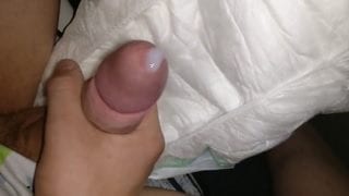 Wank and cum into diaper large mushroom cock tube